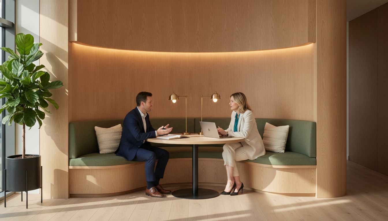 Two colleagues in conversation at an oak table in a warm curved oak alcove