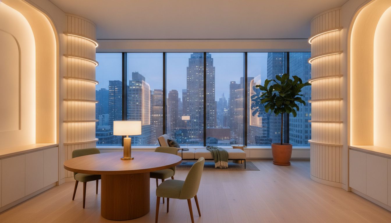 Empty premium office floor at dusk looking out at a glowing New York City skyline
