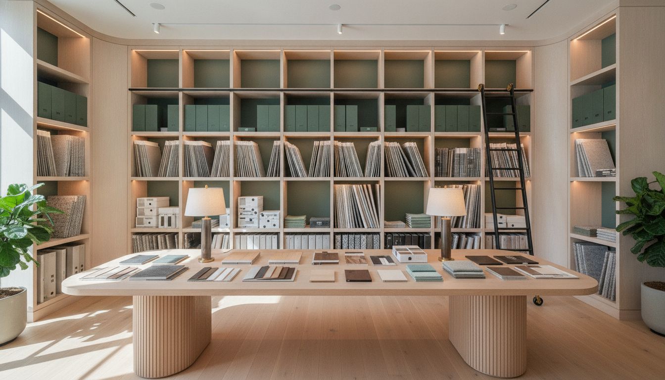 Dealer materials library with laminate fan decks, veneer boards and fabric swatches on an oak table