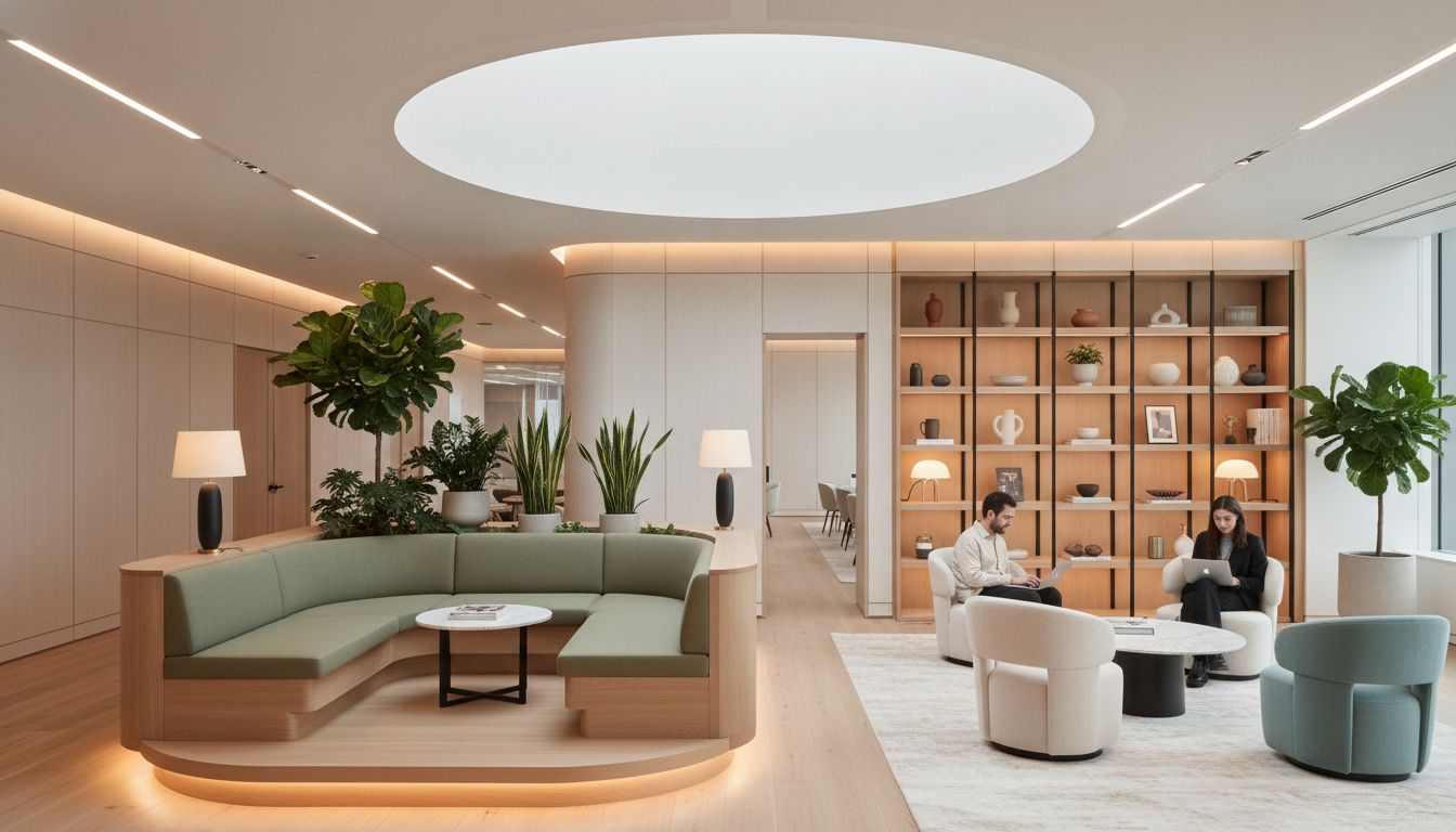 Office lounge with a curved sage banquette, boucle armchairs and a circular skylight cove