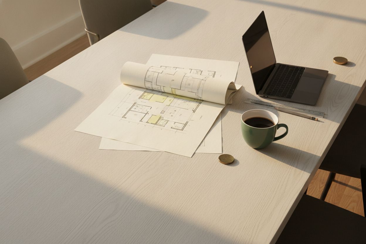 Floor plan drawing set open on an oak table with a scale rule and laptop
