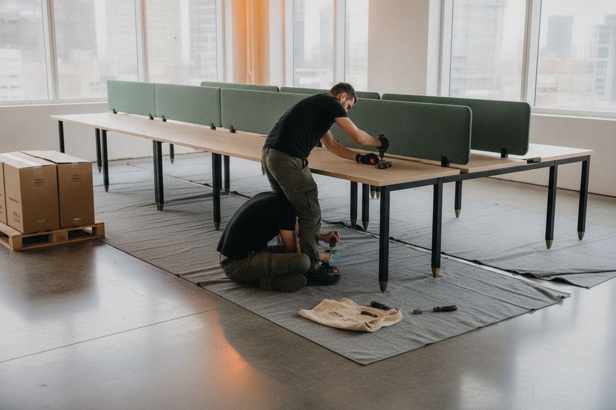 Installers assembling a run of oak benching desks on a protected floor